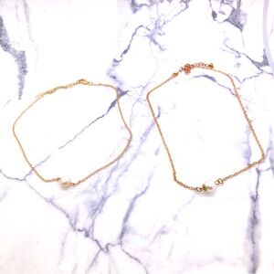 Two Gold Tone Faux Pearl Necklaces Chain Choker Length